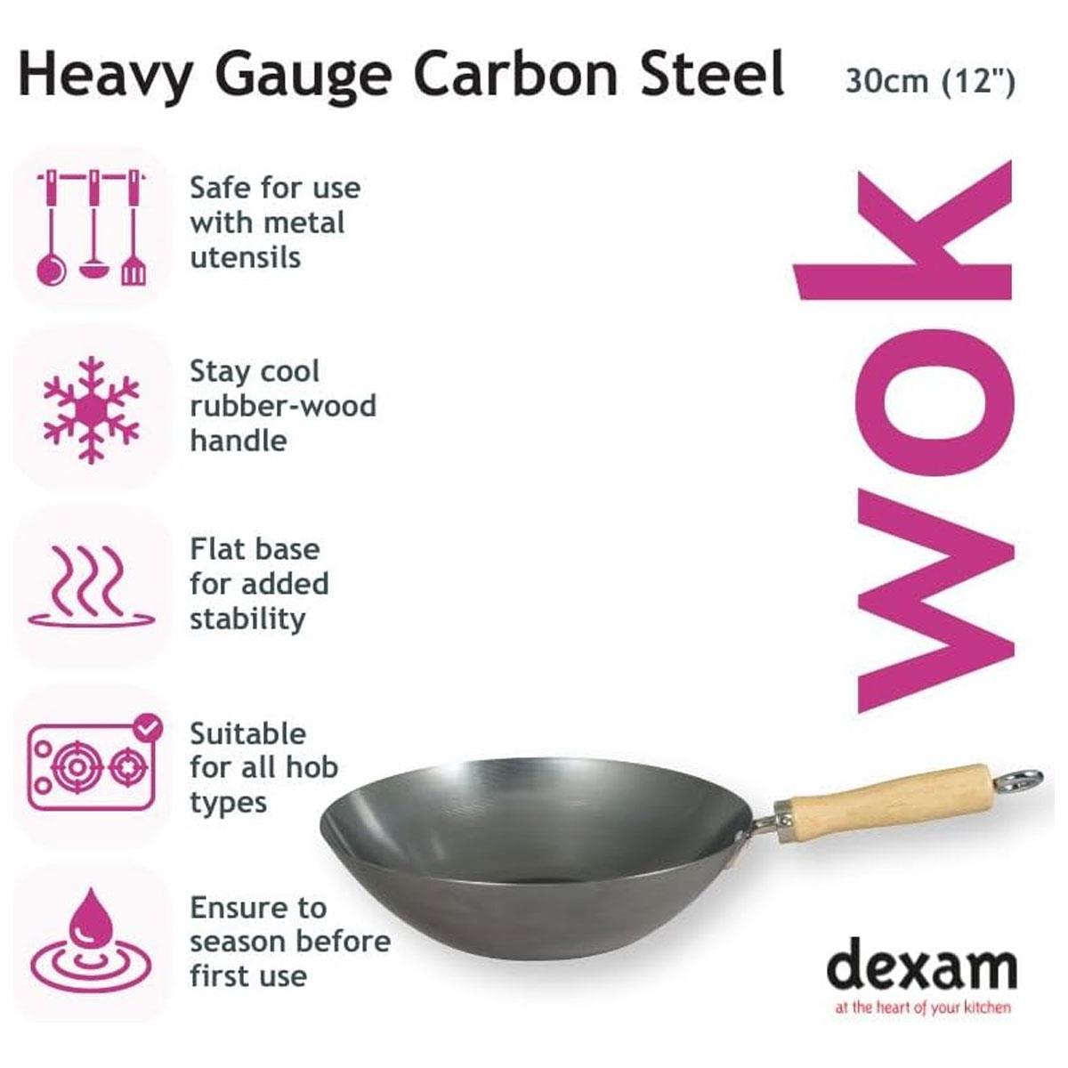 Dexam Professional Carbon Steel Wok 30cm 1.8mm Heavy Gauge Flat Bottom Stir Fry Pan with Wooden Handle Induction Compatible - Image 3