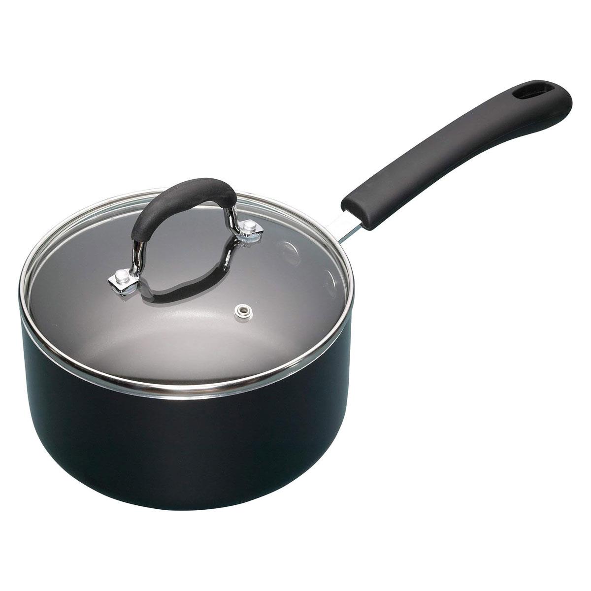 KitchenCraft MasterClass 18cm Non-Stick Aluminium Saucepan with Glass Lid 1.8L Black Heavy-Duty Cookware