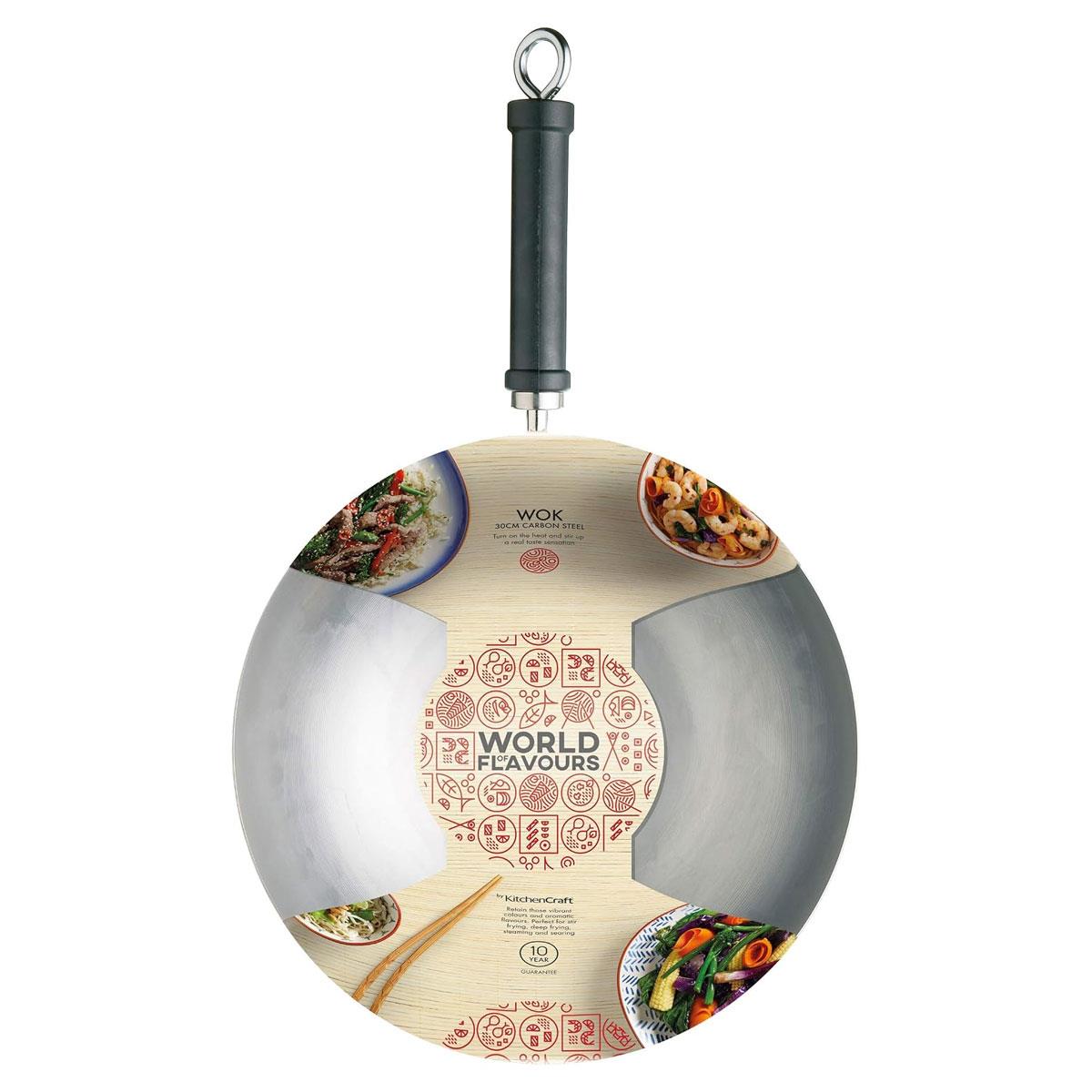 KitchenCraft World of Flavours Carbon Steel Wok 30cm Uncoated Induction Compatible Chinese Style Stir Fry Pan Grey 3.5L - Image 6