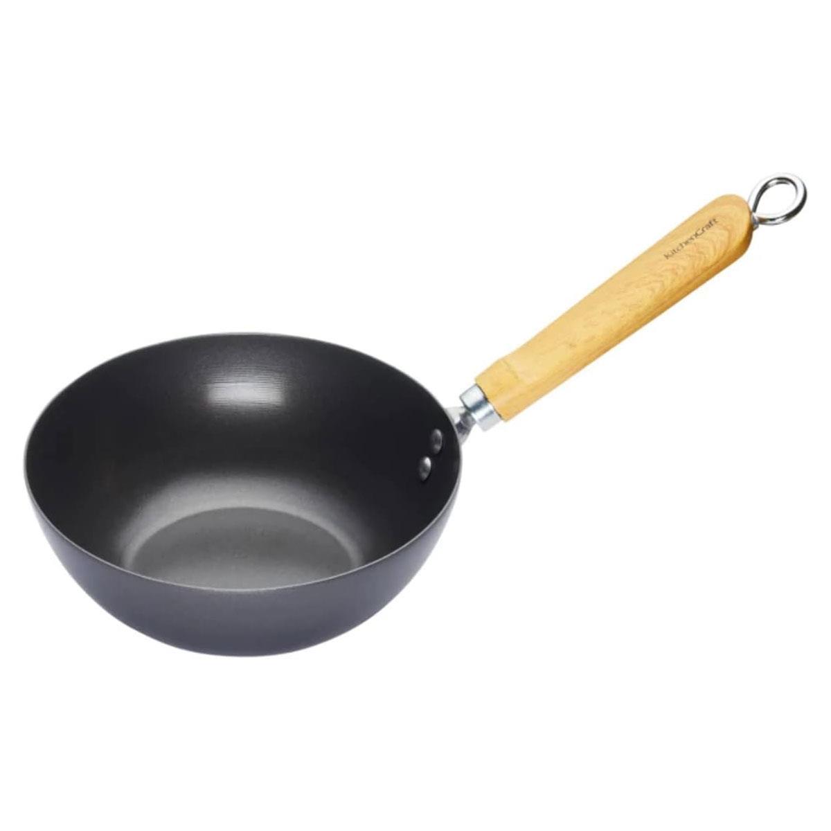 KitchenCraft World of Flavours Carbon Steel Non-Stick Wok 20cm Black Stir Fry Pan with Wooden Handle Induction Compatible