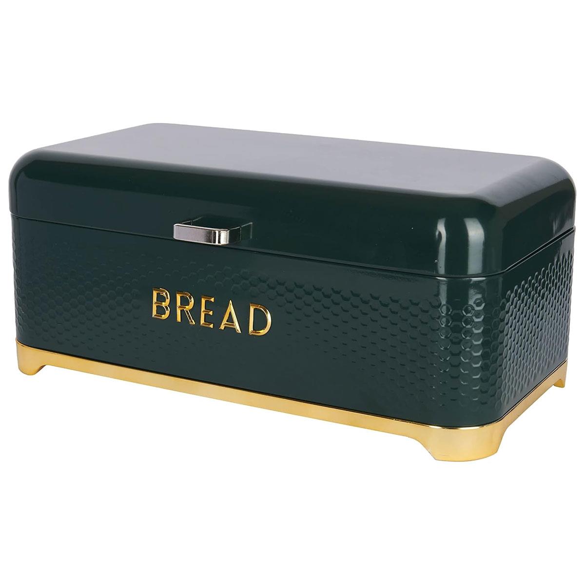 KitchenCraft Lovello Large Bread Bin with Hinged Lid Textured Carbon Steel Ventilated Storage Hunter Green & Gold 14.46L