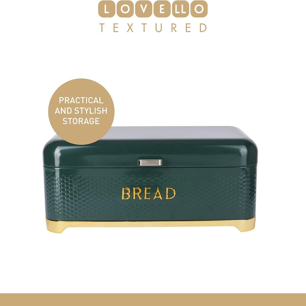 KitchenCraft Lovello Large Bread Bin with Hinged Lid Textured Carbon Steel Ventilated Storage Hunter Green & Gold 14.46L - Image 3