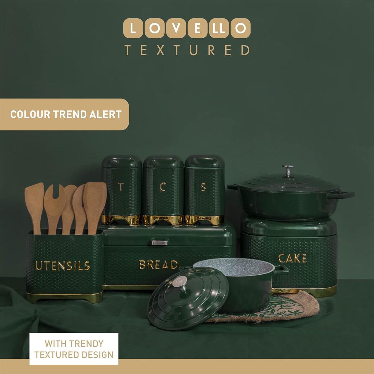 KitchenCraft Lovello Large Bread Bin with Hinged Lid Textured Carbon Steel Ventilated Storage Hunter Green & Gold 14.46L - Image 4