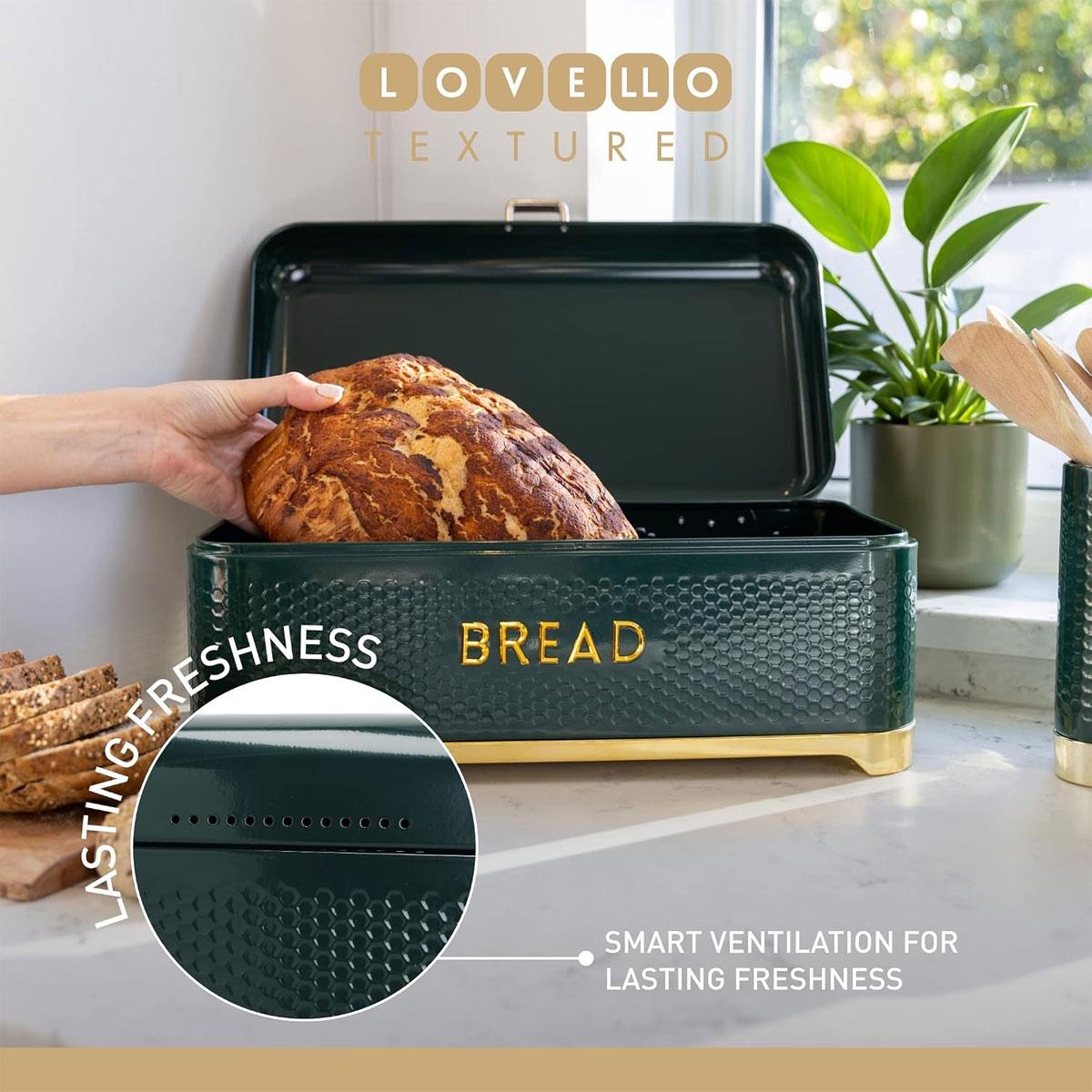 KitchenCraft Lovello Large Bread Bin with Hinged Lid Textured Carbon Steel Ventilated Storage Hunter Green & Gold 14.46L - Image 5