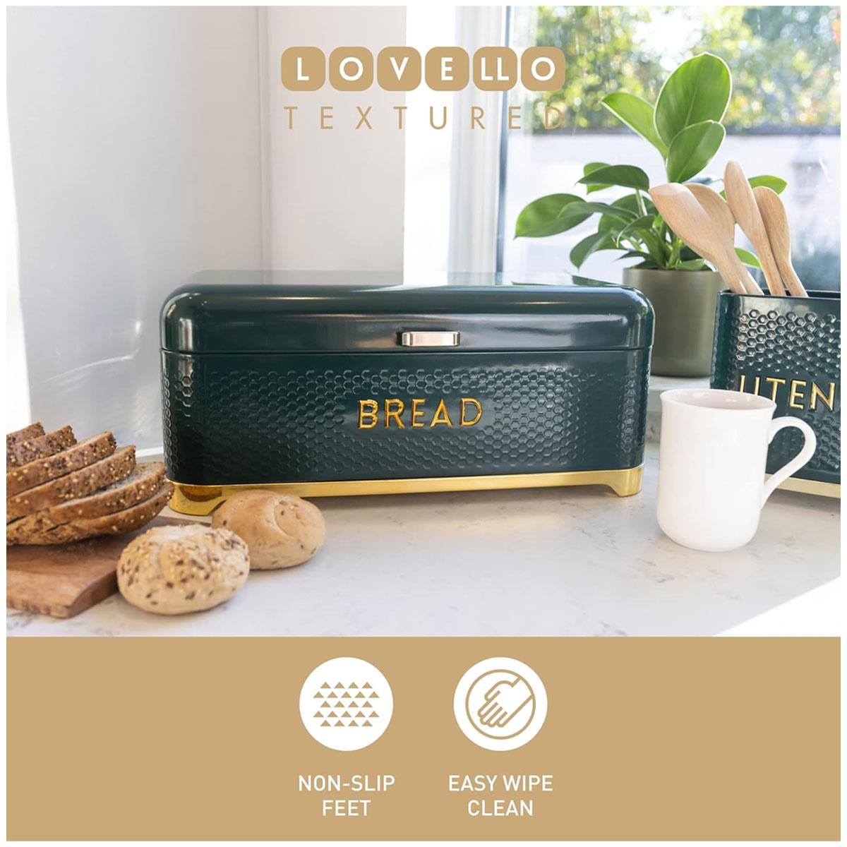 KitchenCraft Lovello Large Bread Bin with Hinged Lid Textured Carbon Steel Ventilated Storage Hunter Green & Gold 14.46L - Image 6