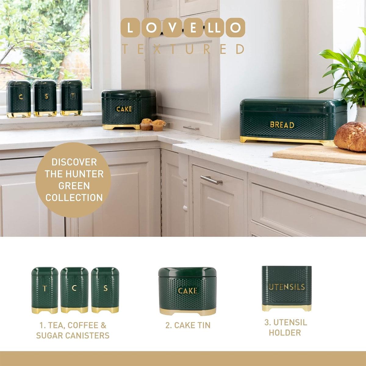 KitchenCraft Lovello Large Bread Bin with Hinged Lid Textured Carbon Steel Ventilated Storage Hunter Green & Gold 14.46L - Image 7