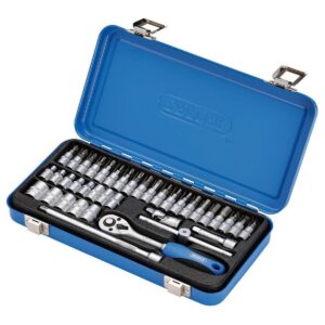 Draper 38 Piece Metric Socket Set 1/4 Inch Square Drive with Ratchet Extension Bars Bits and Steel Storage Case