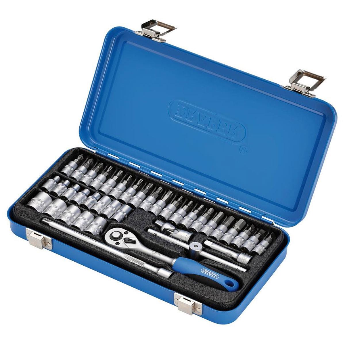 Draper 38 Piece Metric Socket Set 1/4 Inch Square Drive with Ratchet Extension Bars Bits and Steel Storage Case