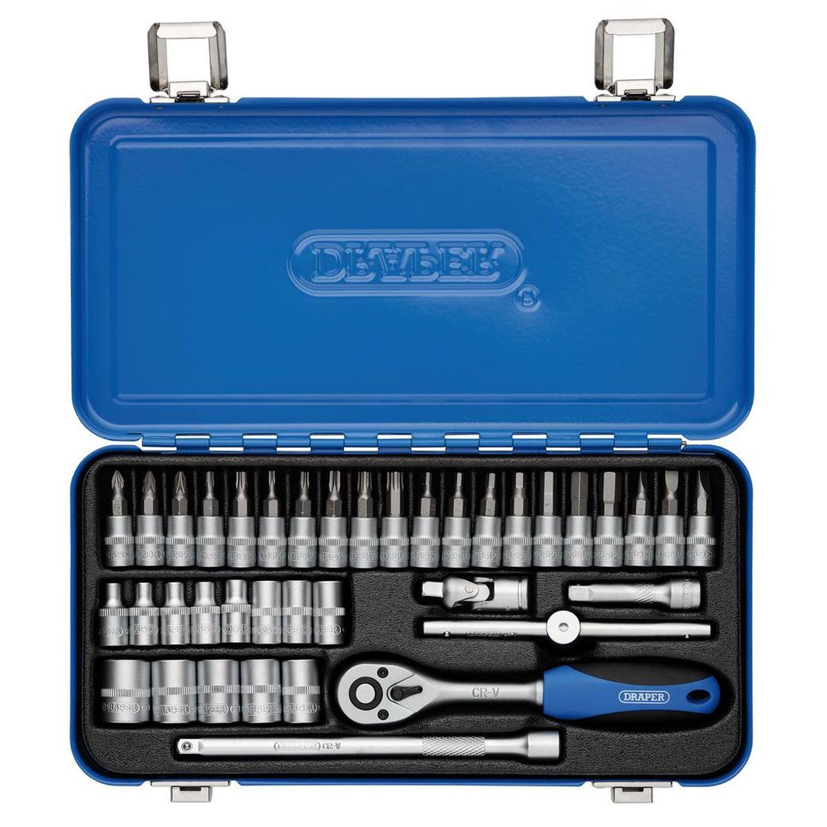 Draper 38 Piece Metric Socket Set 1/4 Inch Square Drive with Ratchet Extension Bars Bits and Steel Storage Case - Image 2