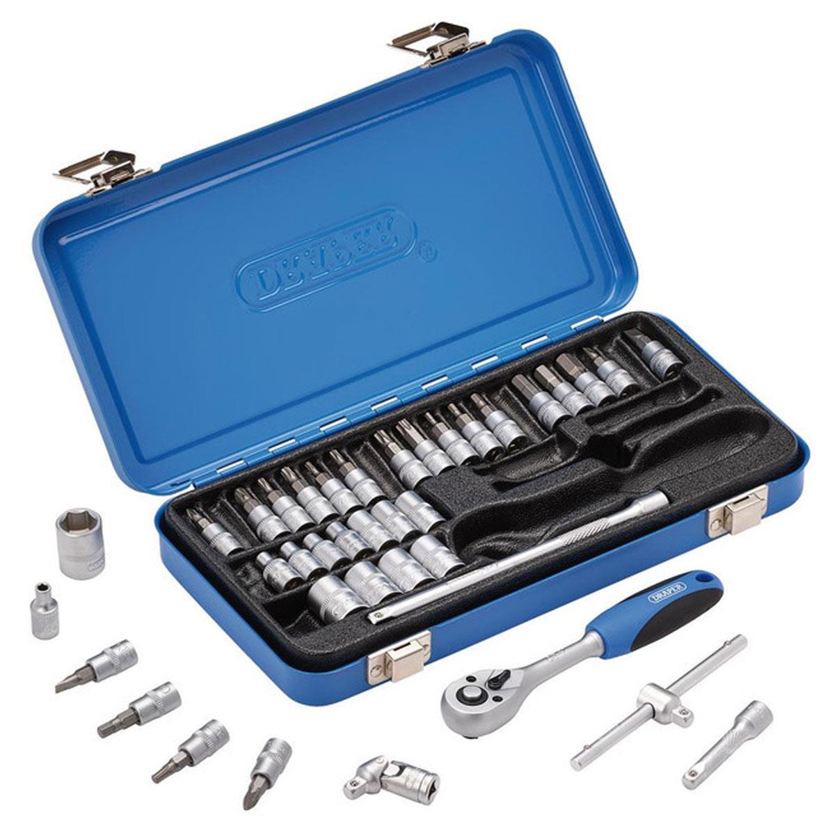Draper 38 Piece Metric Socket Set 1/4 Inch Square Drive with Ratchet Extension Bars Bits and Steel Storage Case - Image 3