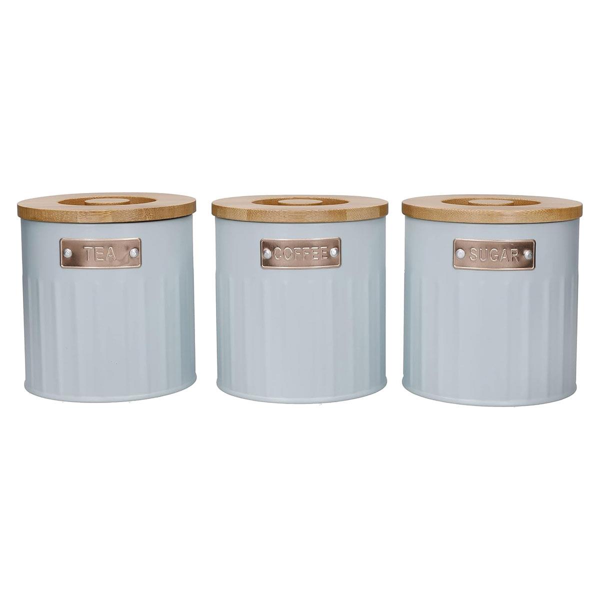 KitchenCraft Storage Canister Set 3 Pieces Light Blue Metal Tea Coffee Sugar Containers with Airtight Bamboo Lids 1L