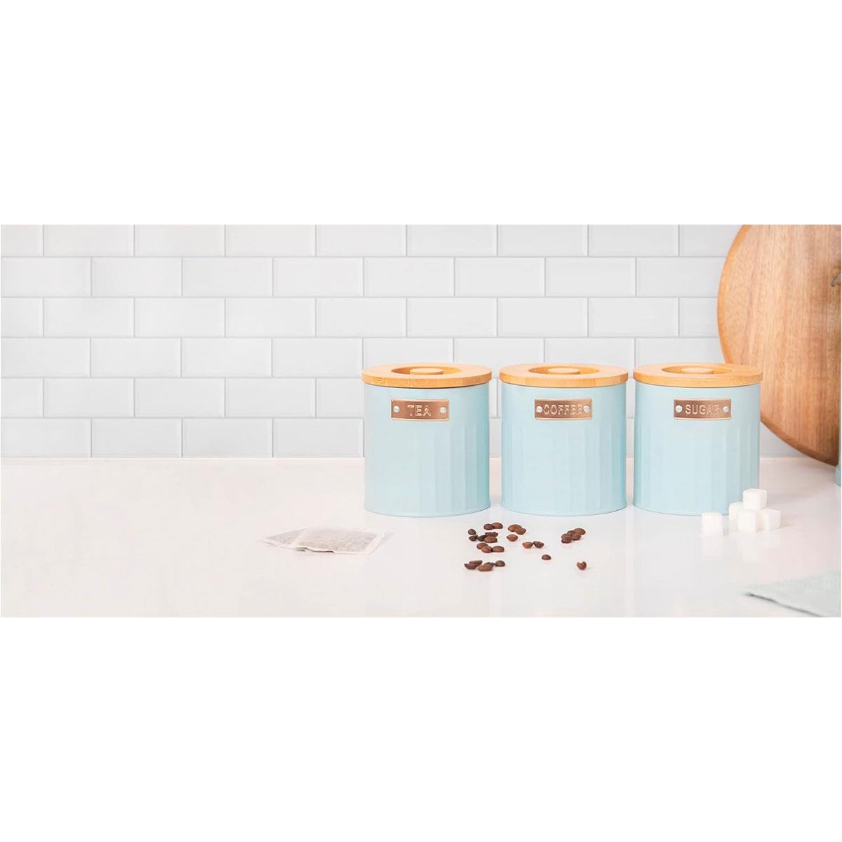 KitchenCraft Storage Canister Set 3 Pieces Light Blue Metal Tea Coffee Sugar Containers with Airtight Bamboo Lids 1L - Image 2