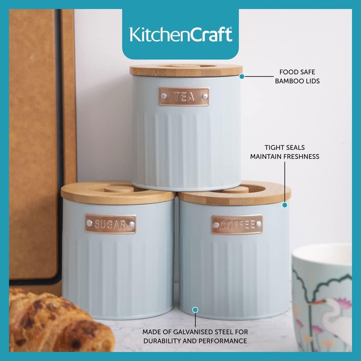KitchenCraft Storage Canister Set 3 Pieces Light Blue Metal Tea Coffee Sugar Containers with Airtight Bamboo Lids 1L - Image 3