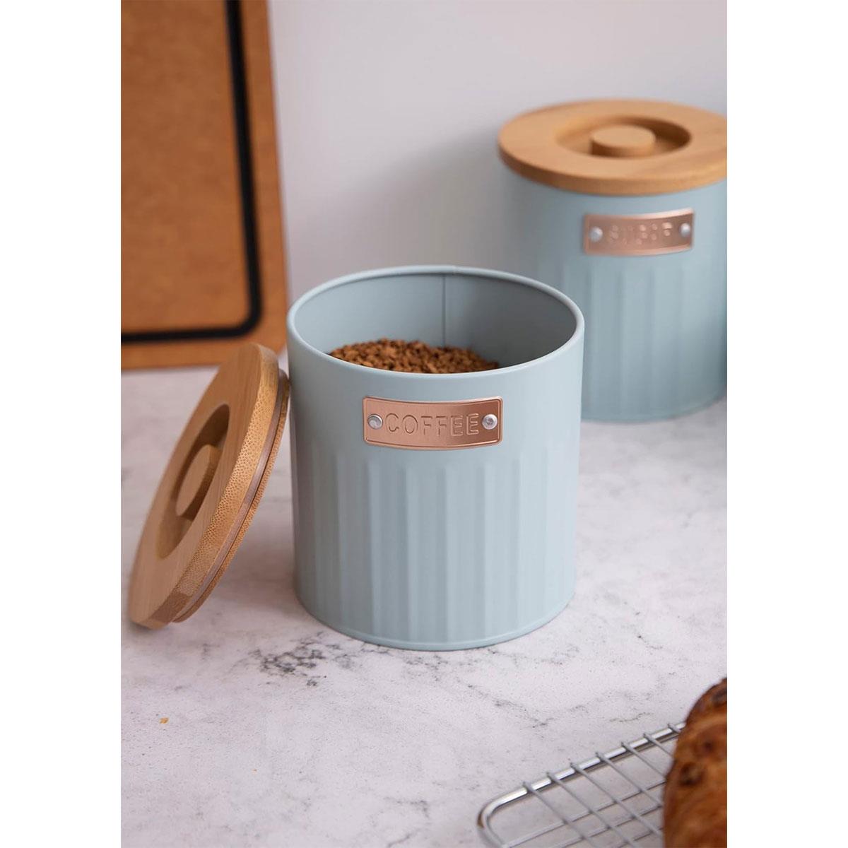 KitchenCraft Storage Canister Set 3 Pieces Light Blue Metal Tea Coffee Sugar Containers with Airtight Bamboo Lids 1L - Image 4