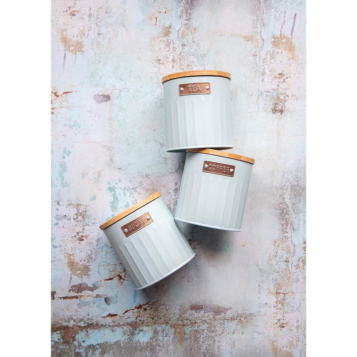 KitchenCraft Storage Canister Set 3 Pieces Light Blue Metal Tea Coffee Sugar Containers with Airtight Bamboo Lids 1L - Image 5