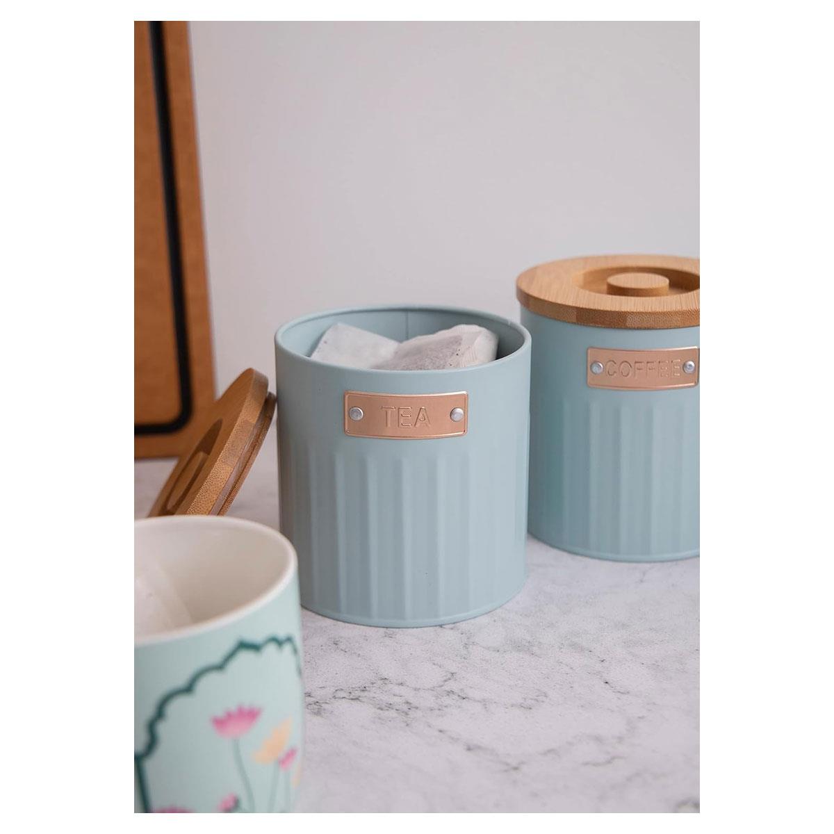 KitchenCraft Storage Canister Set 3 Pieces Light Blue Metal Tea Coffee Sugar Containers with Airtight Bamboo Lids 1L - Image 6
