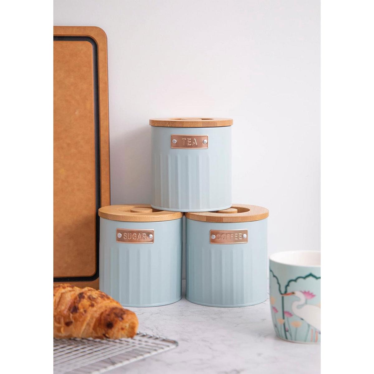 KitchenCraft Storage Canister Set 3 Pieces Light Blue Metal Tea Coffee Sugar Containers with Airtight Bamboo Lids 1L - Image 7