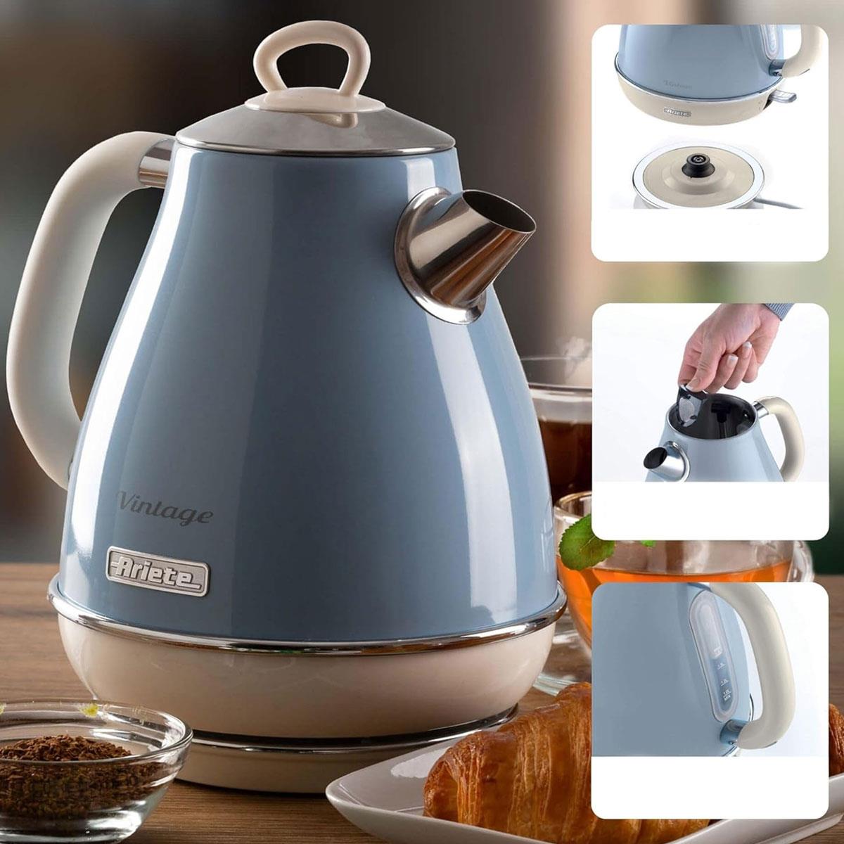 Ariete Vintage Cordless Kettle 2000W Stainless Steel 1.7L Blue with 360° Swivel Base - Image 2