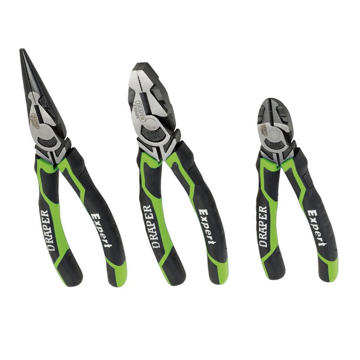 Draper Expert High Leverage Plier Set 3 Piece Hardened Carbon Steel Side Cutter Combination & Long Nose Pliers Green/Black