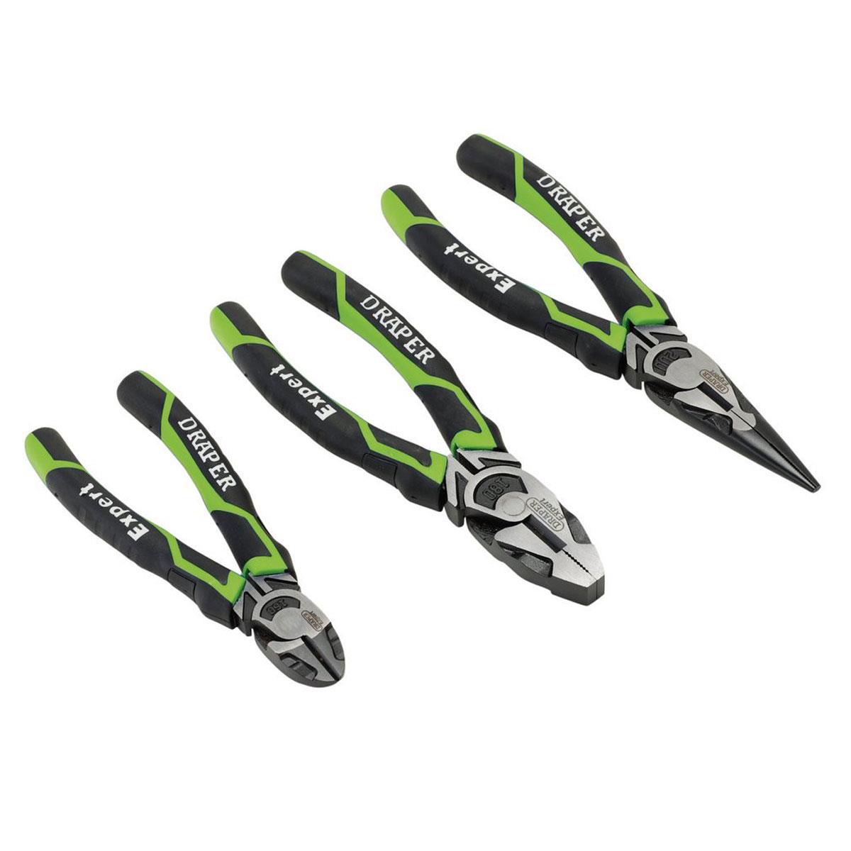 Draper Expert High Leverage Plier Set 3 Piece Hardened Carbon Steel Side Cutter Combination & Long Nose Pliers Green/Black - Image 2