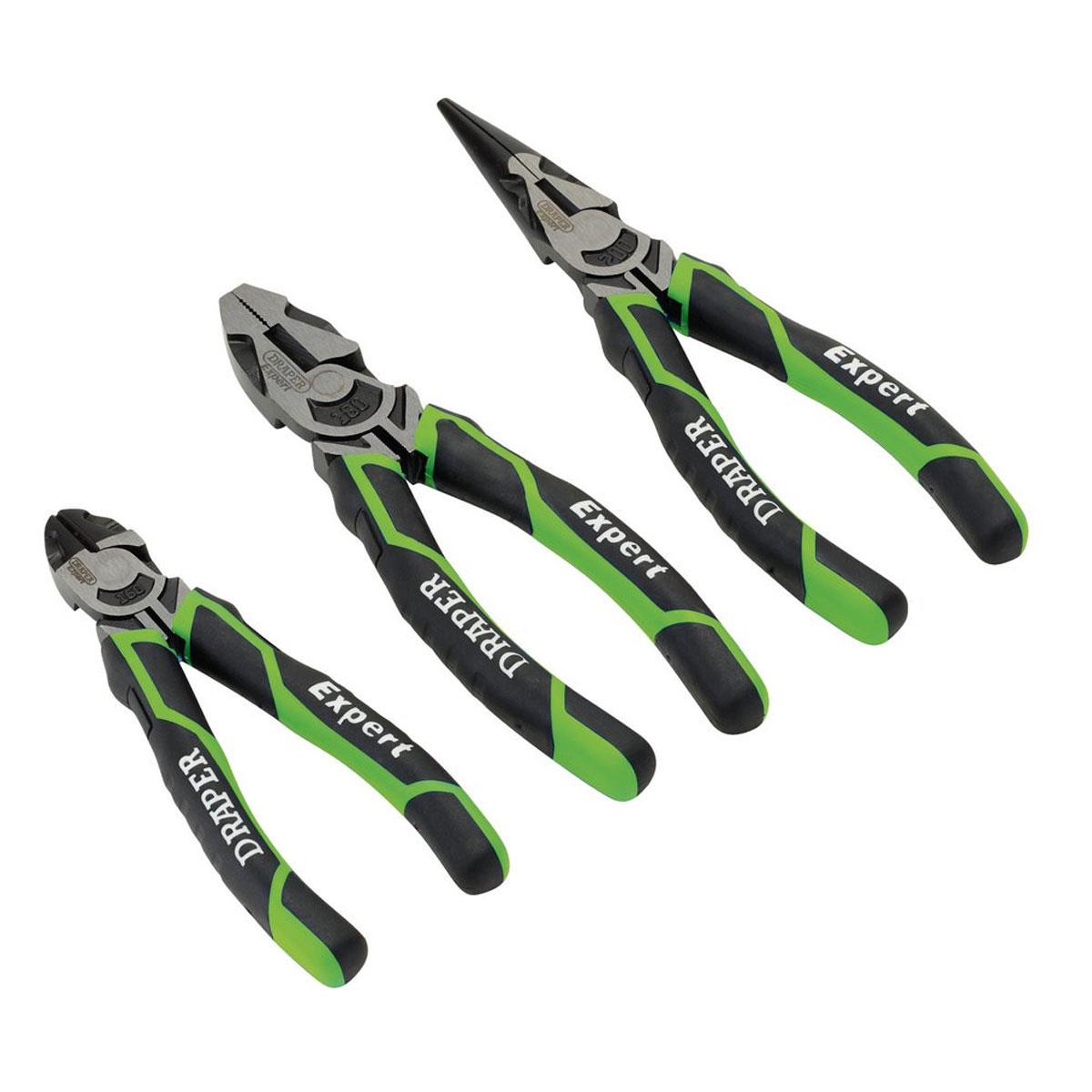 Draper Expert High Leverage Plier Set 3 Piece Hardened Carbon Steel Side Cutter Combination & Long Nose Pliers Green/Black - Image 3