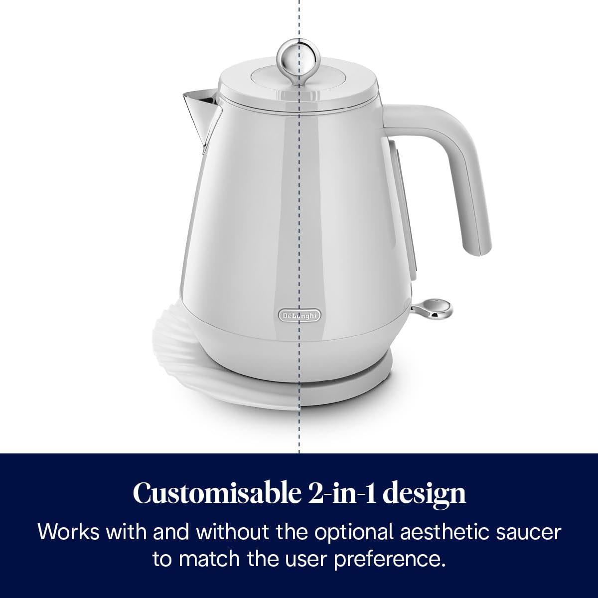 DeLonghi Eclettica Electric Kettle 3000W 1.7L Stainless Steel Anti-Scale Filter 360° Swivel Base Glossy White - Image 2