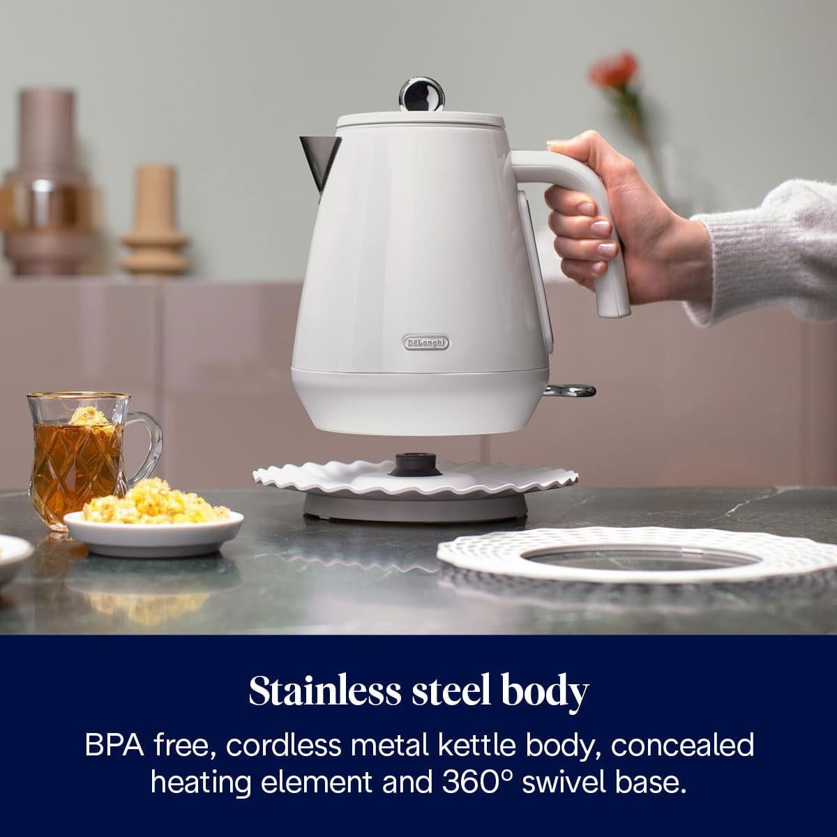 DeLonghi Eclettica Electric Kettle 3000W 1.7L Stainless Steel Anti-Scale Filter 360° Swivel Base Glossy White - Image 3