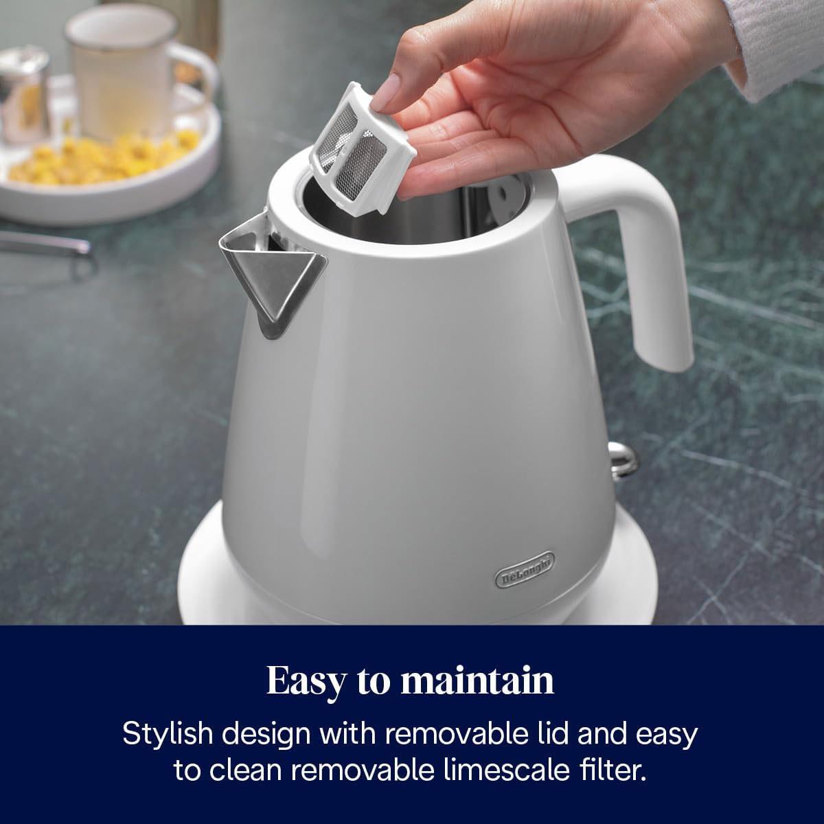 DeLonghi Eclettica Electric Kettle 3000W 1.7L Stainless Steel Anti-Scale Filter 360° Swivel Base Glossy White - Image 4