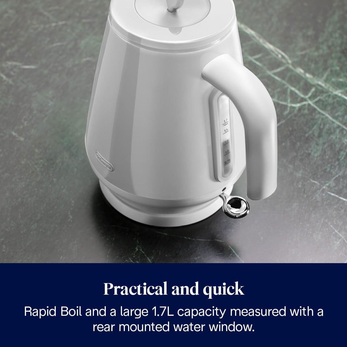 DeLonghi Eclettica Electric Kettle 3000W 1.7L Stainless Steel Anti-Scale Filter 360° Swivel Base Glossy White - Image 5