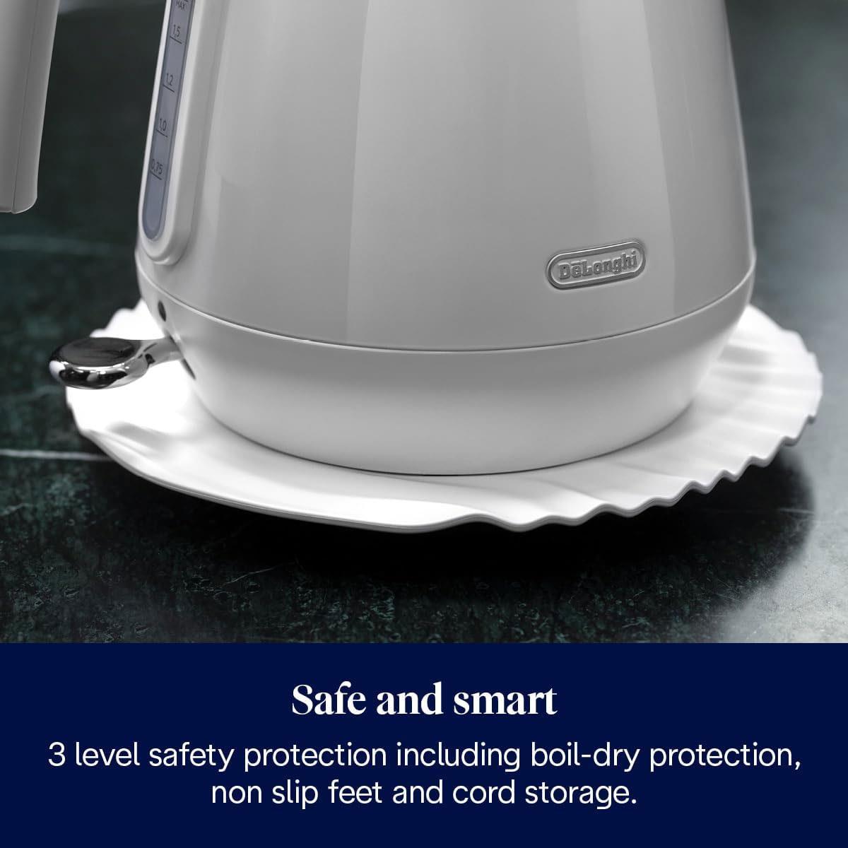 DeLonghi Eclettica Electric Kettle 3000W 1.7L Stainless Steel Anti-Scale Filter 360° Swivel Base Glossy White - Image 6