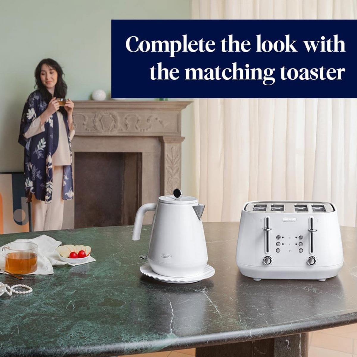 DeLonghi Eclettica Electric Kettle 3000W 1.7L Stainless Steel Anti-Scale Filter 360° Swivel Base Glossy White - Image 8