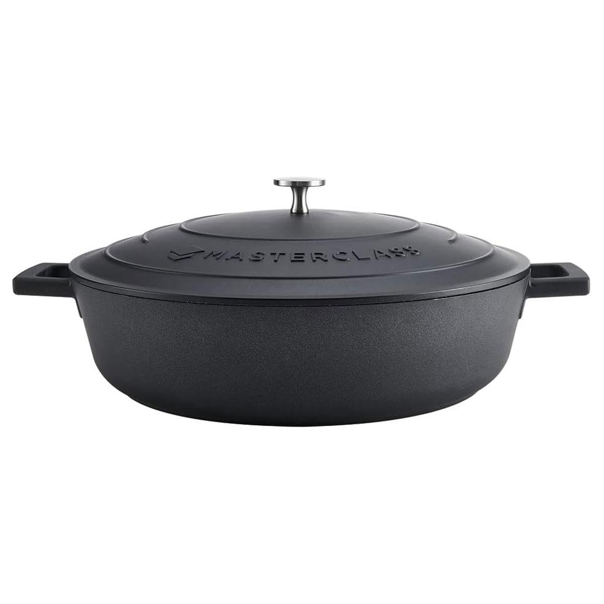 MasterClass Cast Aluminium Shallow Casserole Dish 32cm 5L Black Non-Stick with Lid Induction Compatible
