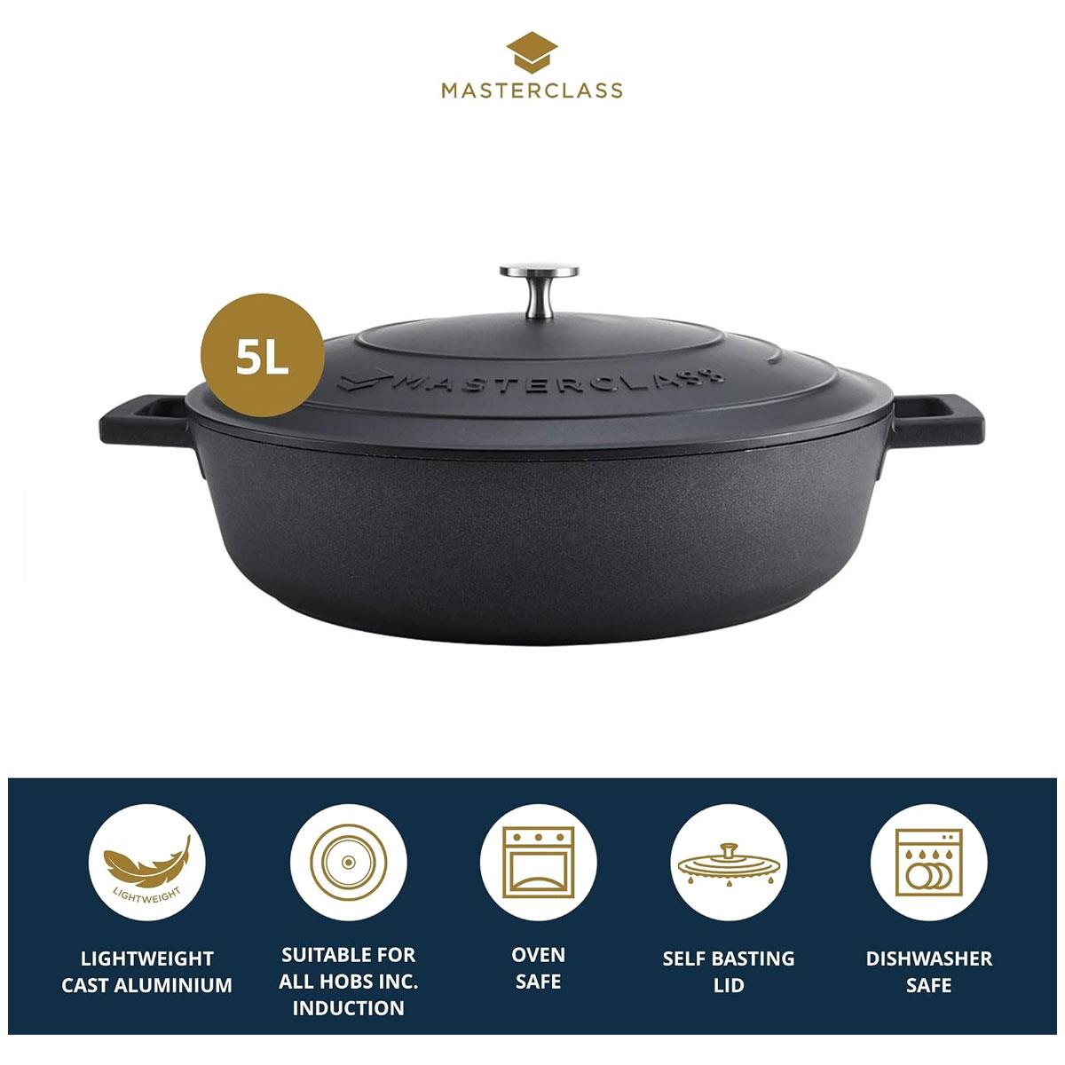 MasterClass Cast Aluminium Shallow Casserole Dish 32cm 5L Black Non-Stick with Lid Induction Compatible - Image 3