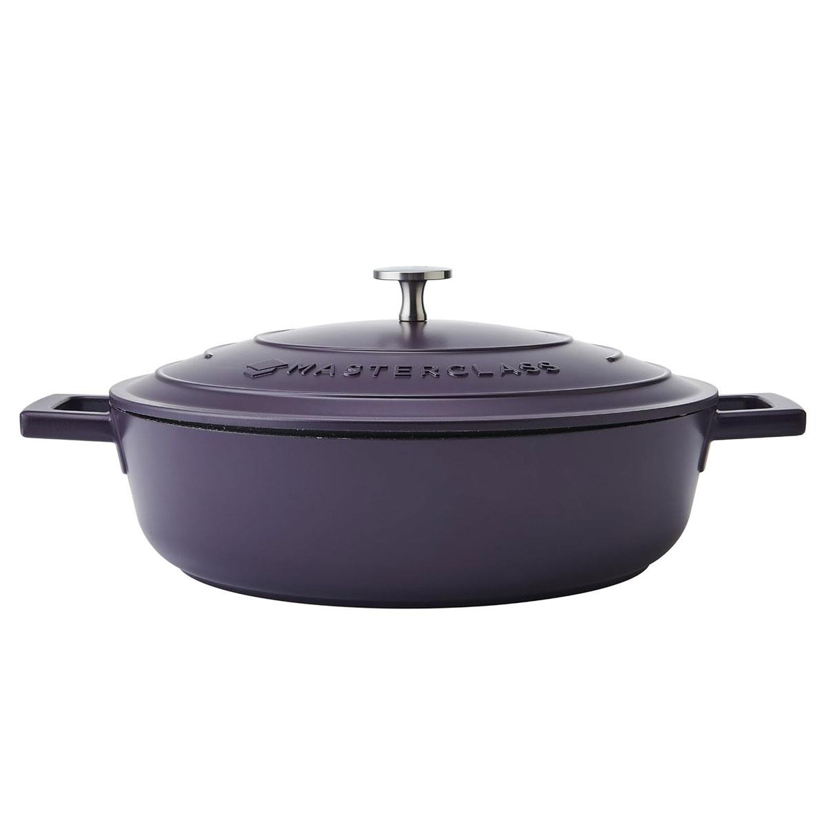 MasterClass 28cm Shallow Cast Aluminium Casserole Dish with Self-Basting Lid Non-Stick Induction Purple 4L