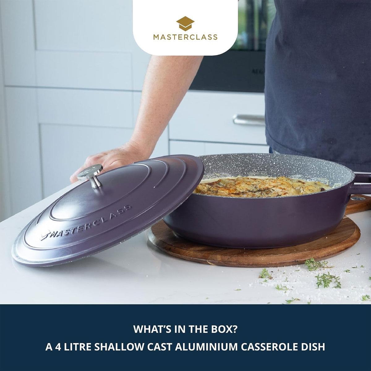 MasterClass 28cm Shallow Cast Aluminium Casserole Dish with Self-Basting Lid Non-Stick Induction Purple 4L - Image 2