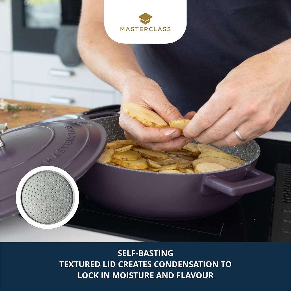 MasterClass 28cm Shallow Cast Aluminium Casserole Dish with Self-Basting Lid Non-Stick Induction Purple 4L - Image 4