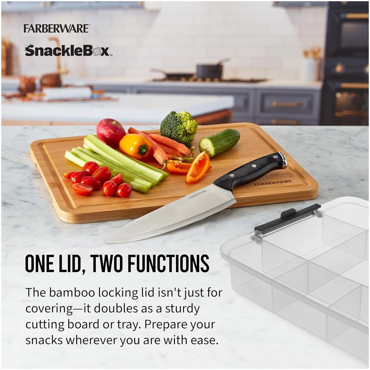 Farberware Build-a-Board Snacklebox Serving Tray with Locking Bamboo Cutting Board Lid 11 Compartments Natural - Image 6