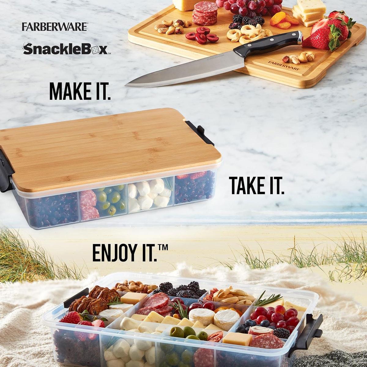 Farberware Build-a-Board Snacklebox Serving Tray with Locking Bamboo Cutting Board Lid 11 Compartments Natural - Image 7