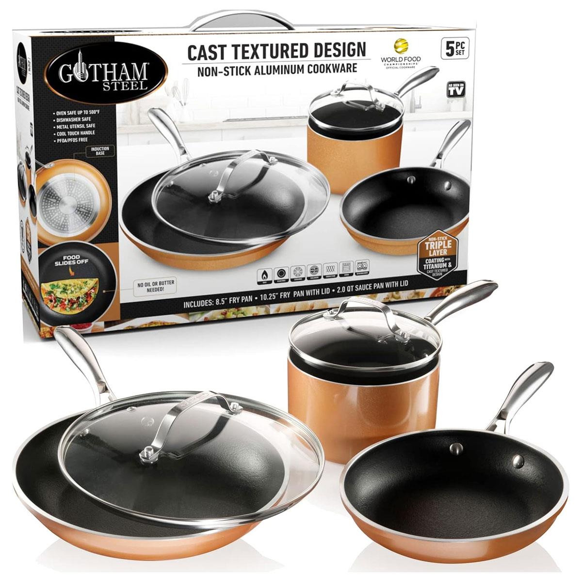 Gotham Steel Copper Cast 5 Piece Cookware Set with Nonstick Aluminum Pots & Pans Stainless Steel Handles Copper
