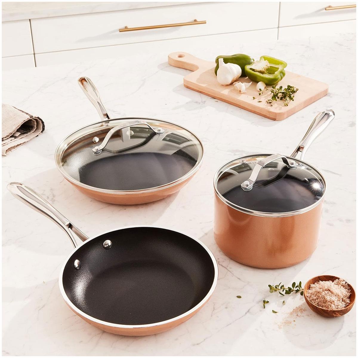 Gotham Steel Copper Cast 5 Piece Cookware Set with Nonstick Aluminum Pots & Pans Stainless Steel Handles Copper - Image 2