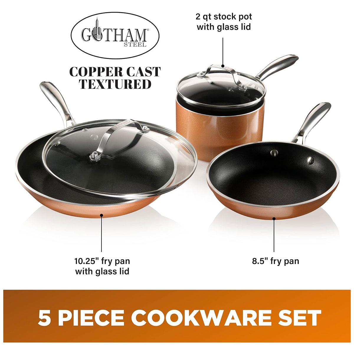Gotham Steel Copper Cast 5 Piece Cookware Set with Nonstick Aluminum Pots & Pans Stainless Steel Handles Copper - Image 3