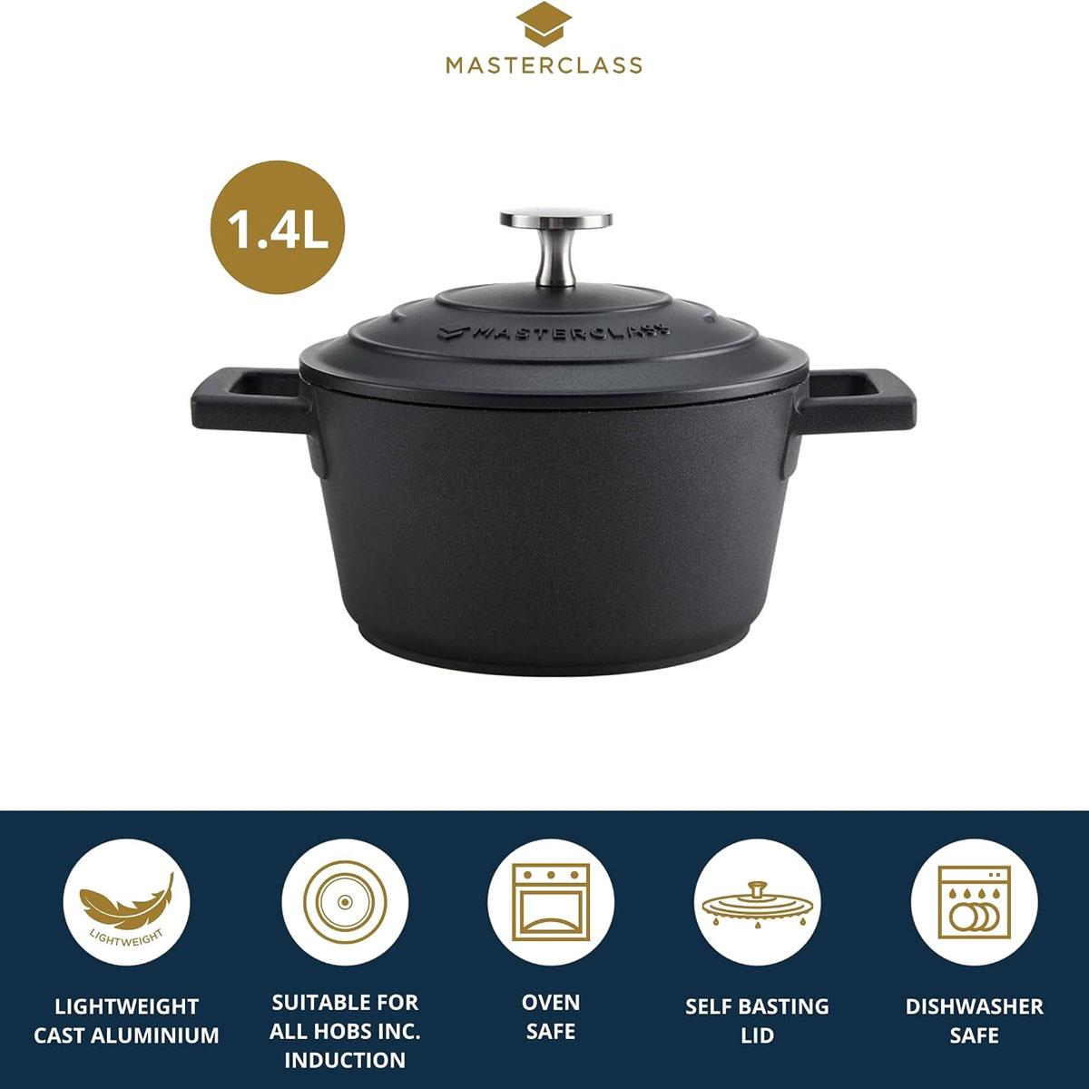 MasterClass Cast Aluminium Casserole Dish with Lid 1.4L 16cm Non-Stick Induction Oven Safe Black - Image 3