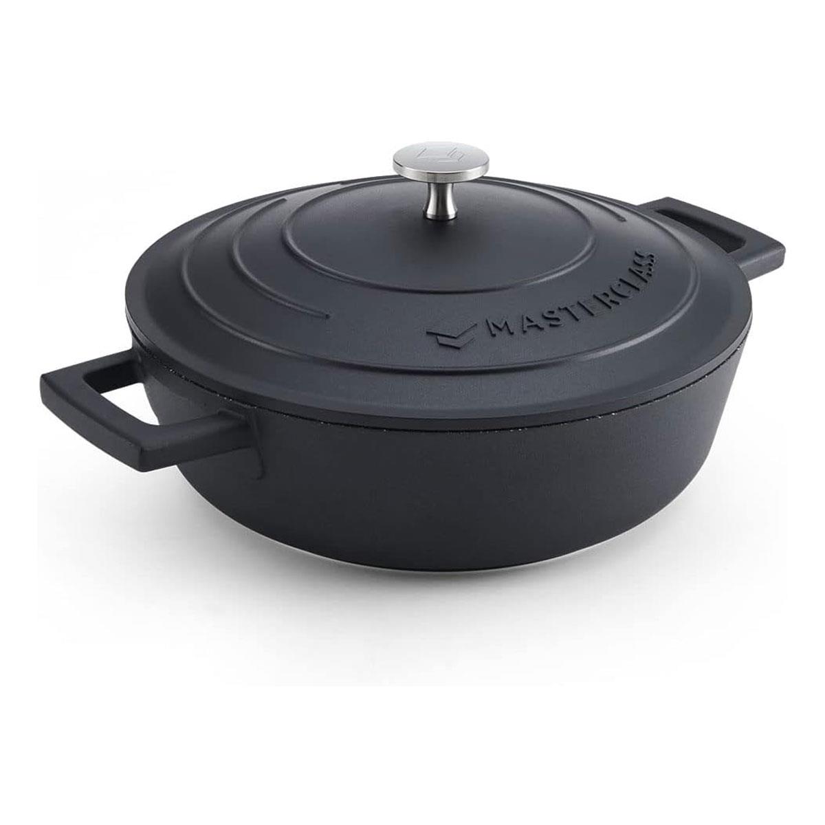 MasterClass Cast Aluminium Shallow Casserole Dish 24cm 2.5L Black Non-Stick with Self-Basting Lid