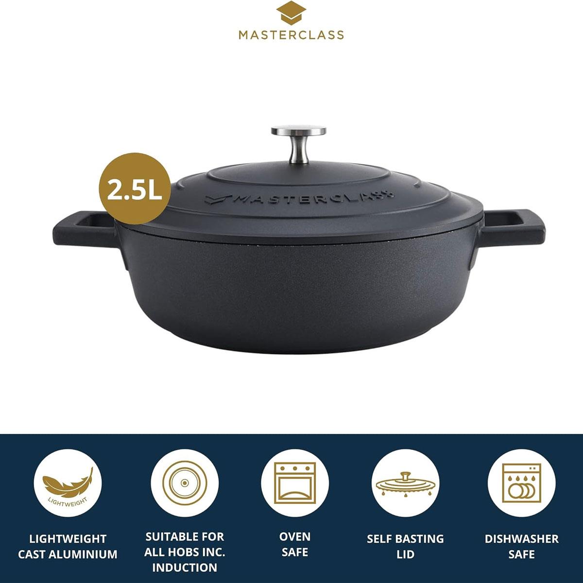 MasterClass Cast Aluminium Shallow Casserole Dish 24cm 2.5L Black Non-Stick with Self-Basting Lid - Image 2