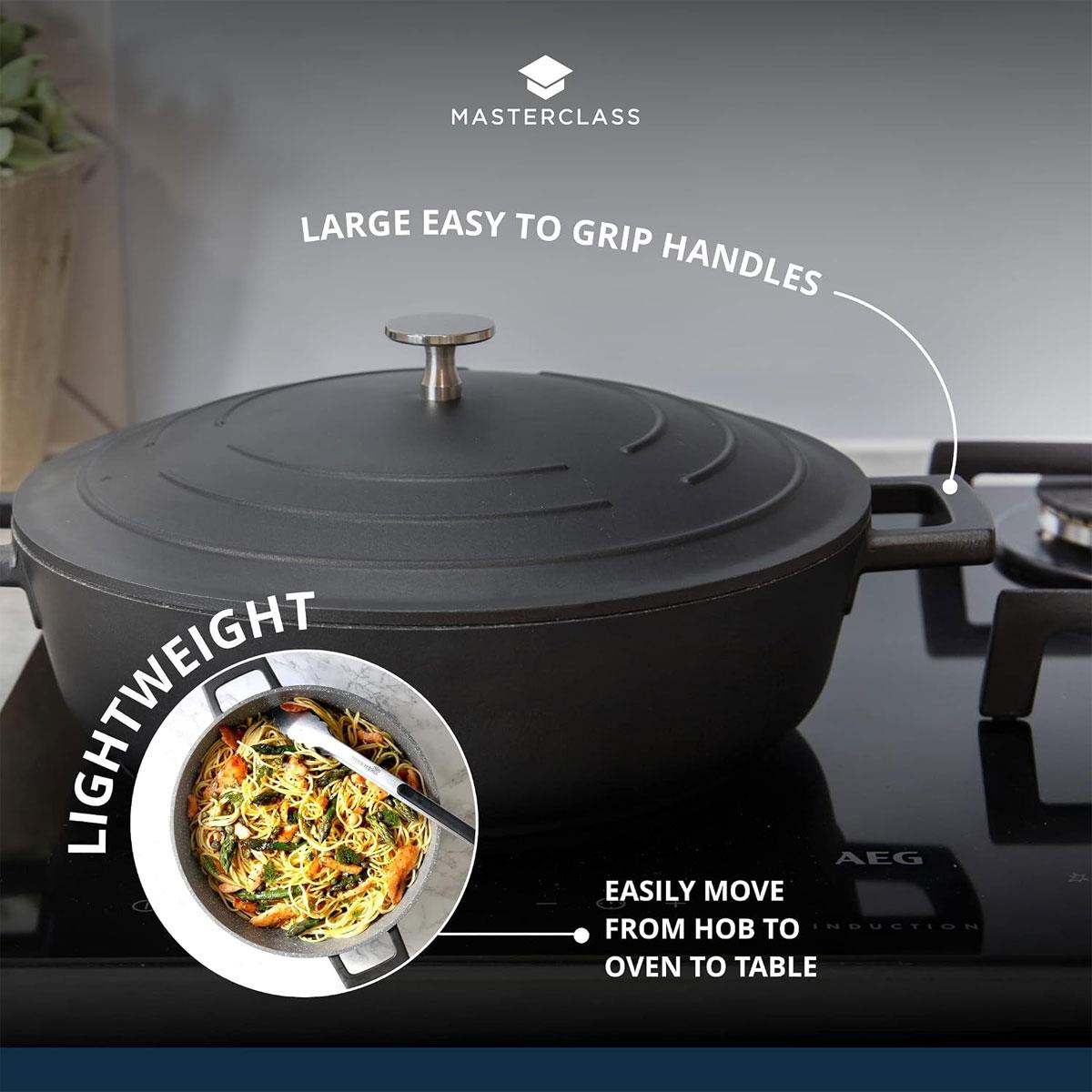 MasterClass Cast Aluminium Shallow Casserole Dish 24cm 2.5L Black Non-Stick with Self-Basting Lid - Image 6