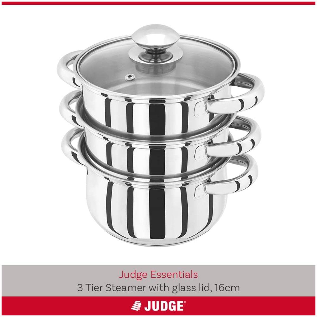 Judge Essential 16cm 3 Tier Stainless Steel Steamer Pot with Glass Lid Induction Ready Dishwasher & Oven Safe - Image 2