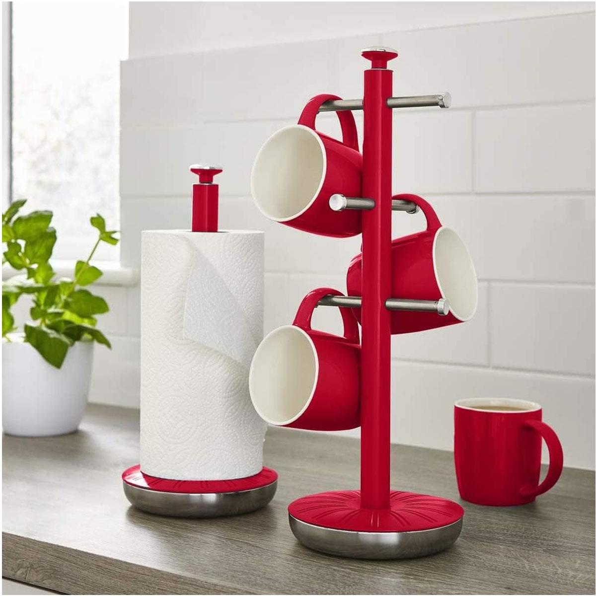 Swan Retro Kitchen Towel Pole And 6 Branch Mug Tree Stainless Steel Polished Finish Red - Image 2