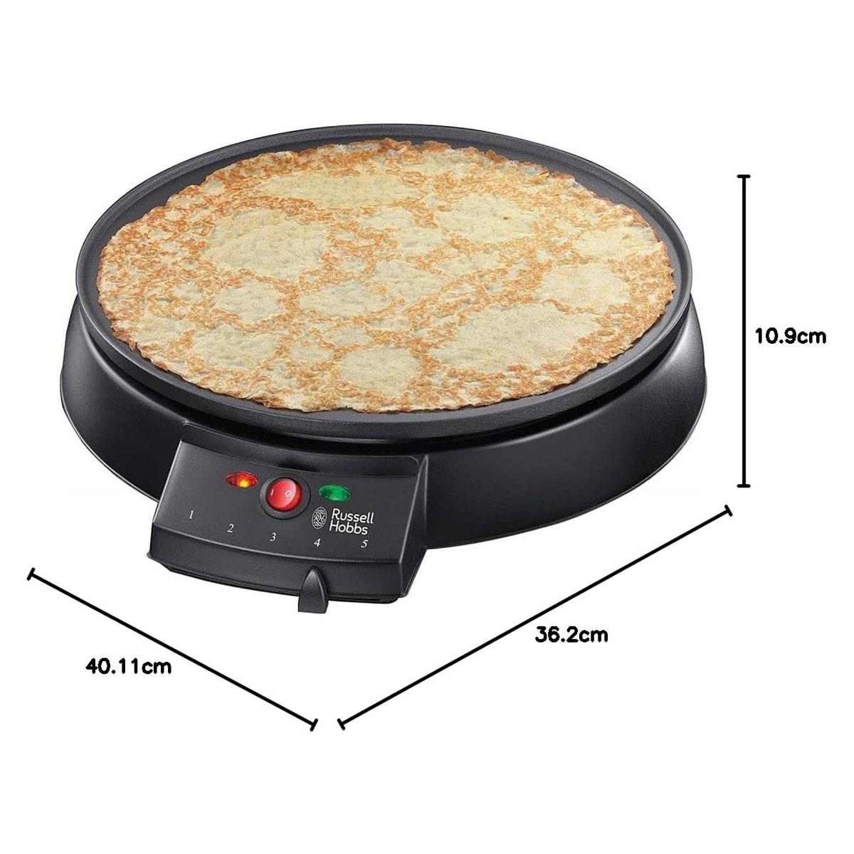 Russell Hobbs Crepe & Pancake Maker 30cm Non-Stick Plate 1200W Adjustable Thermostat Black Spreader & Spatula - Image 3