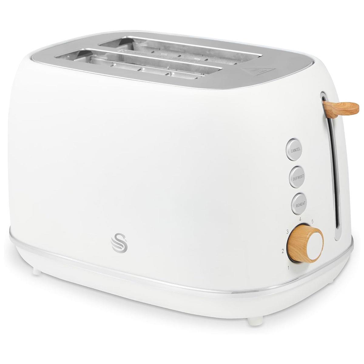 Swan Fjord 2 Slice Toaster 800W White Metal with Wooden Accents 7 Browning Levels Defrost Reheat Cancel Functions