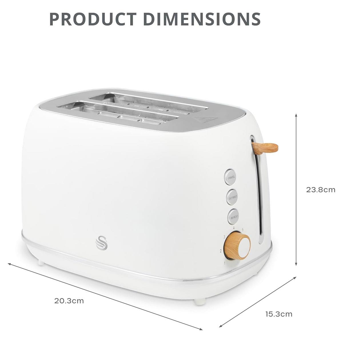 Swan Fjord 2 Slice Toaster 800W White Metal with Wooden Accents 7 Browning Levels Defrost Reheat Cancel Functions - Image 2